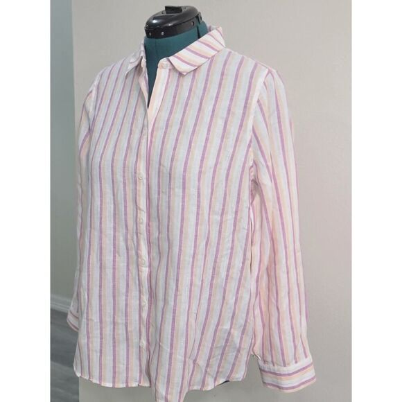 Chico's NO-IRON Linen Metallic Striped Roll-Tab Shirt Button Down Linen Size 2 - Picture 6 of 12